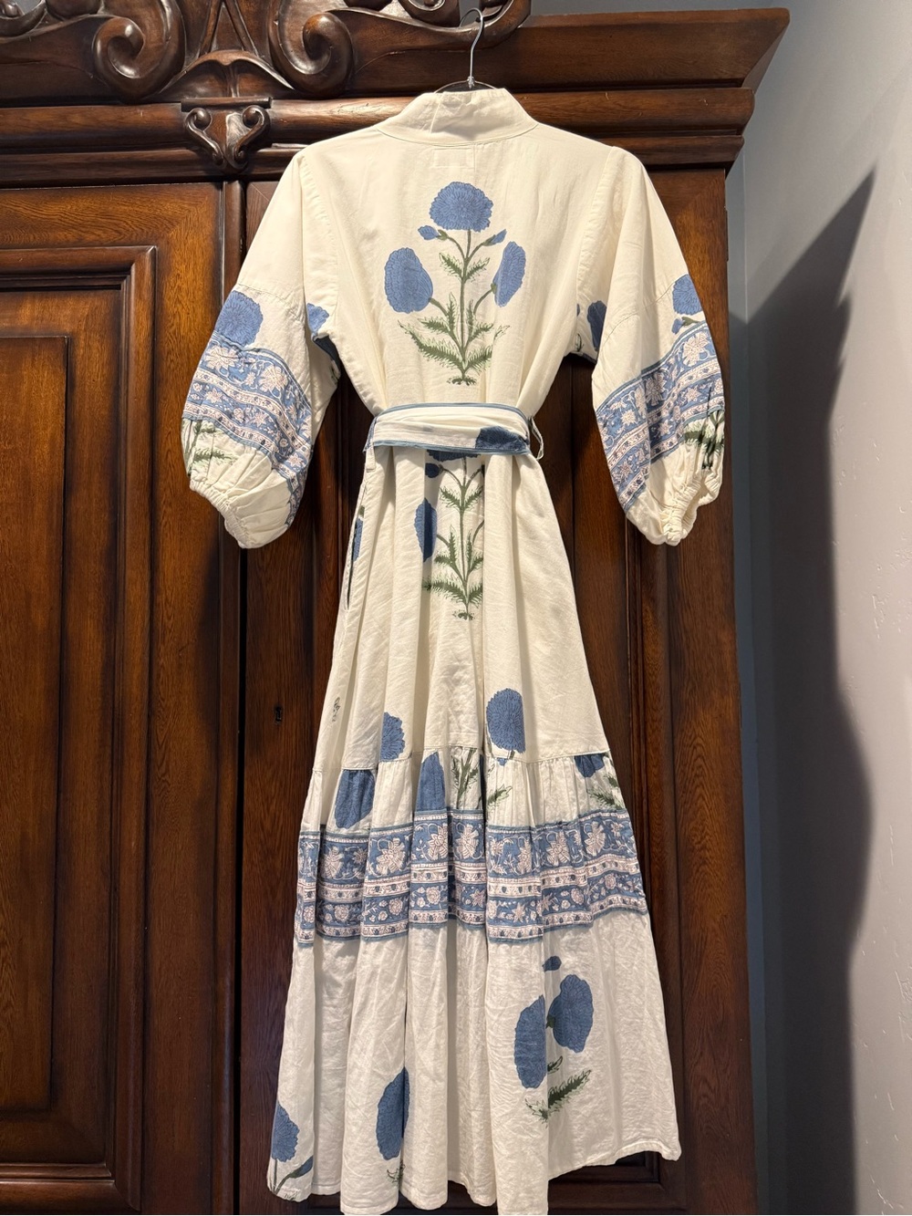 Sue Sartor Flounce Paloma Tie-Waist Midi Dress in French Blue Marigold and Cream - Picture 2 of 5